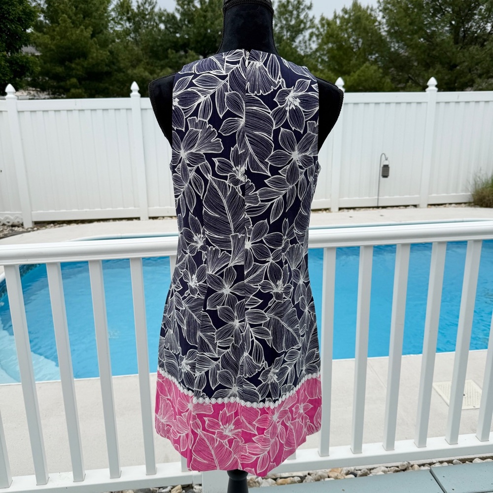 Eliza J Floral Sheath Dress Overlay Split V-Neck Navy Pink Size 6 - Picture 4 of 11